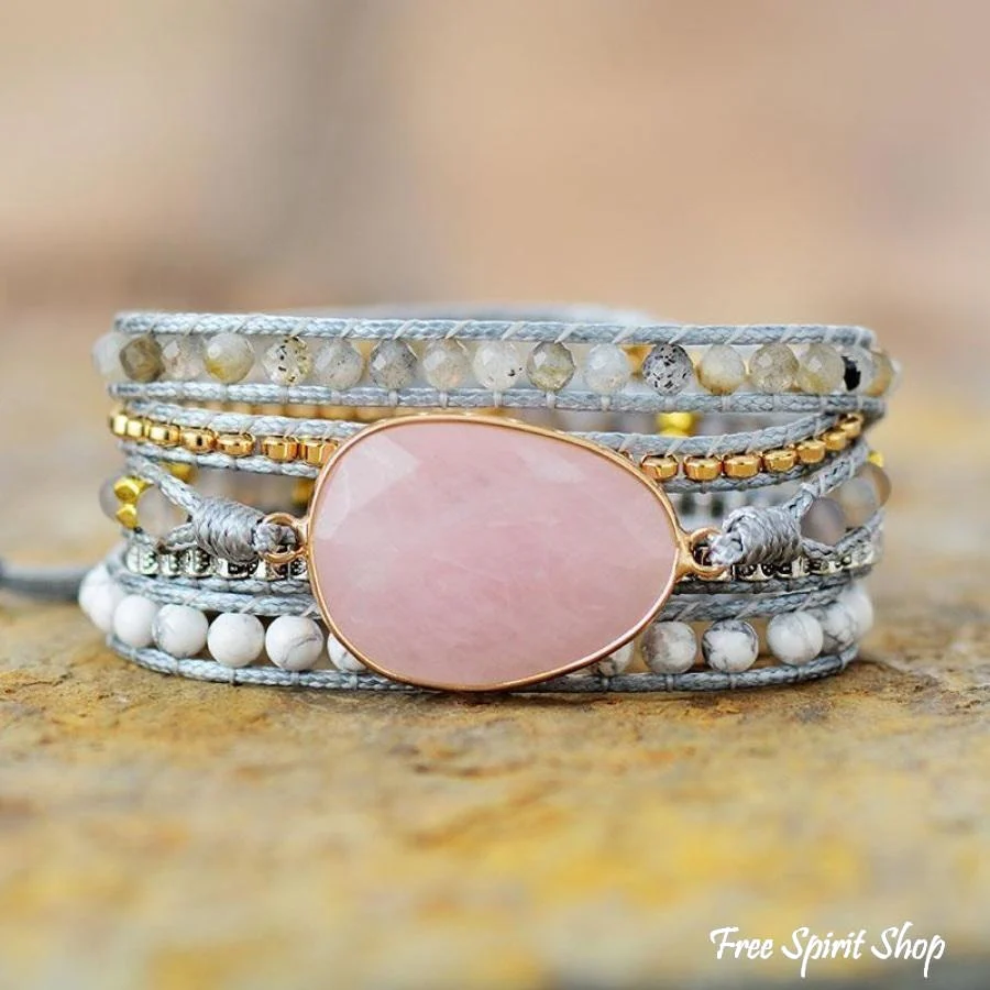 Natural Rose Quartz Howlite & Rutilated Quartz Wrap Bracelet - Image 4