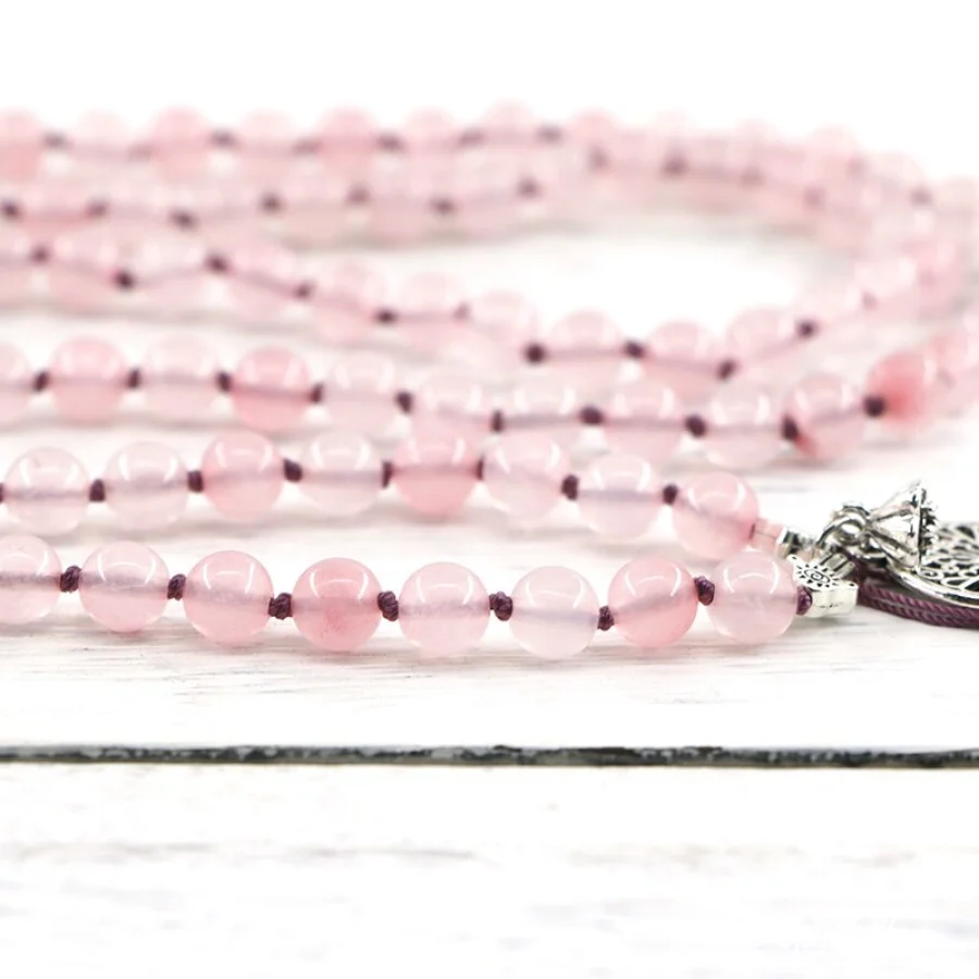 Natural Rose Quartz & Mandala Flower Mala Bead Necklace - Image 3