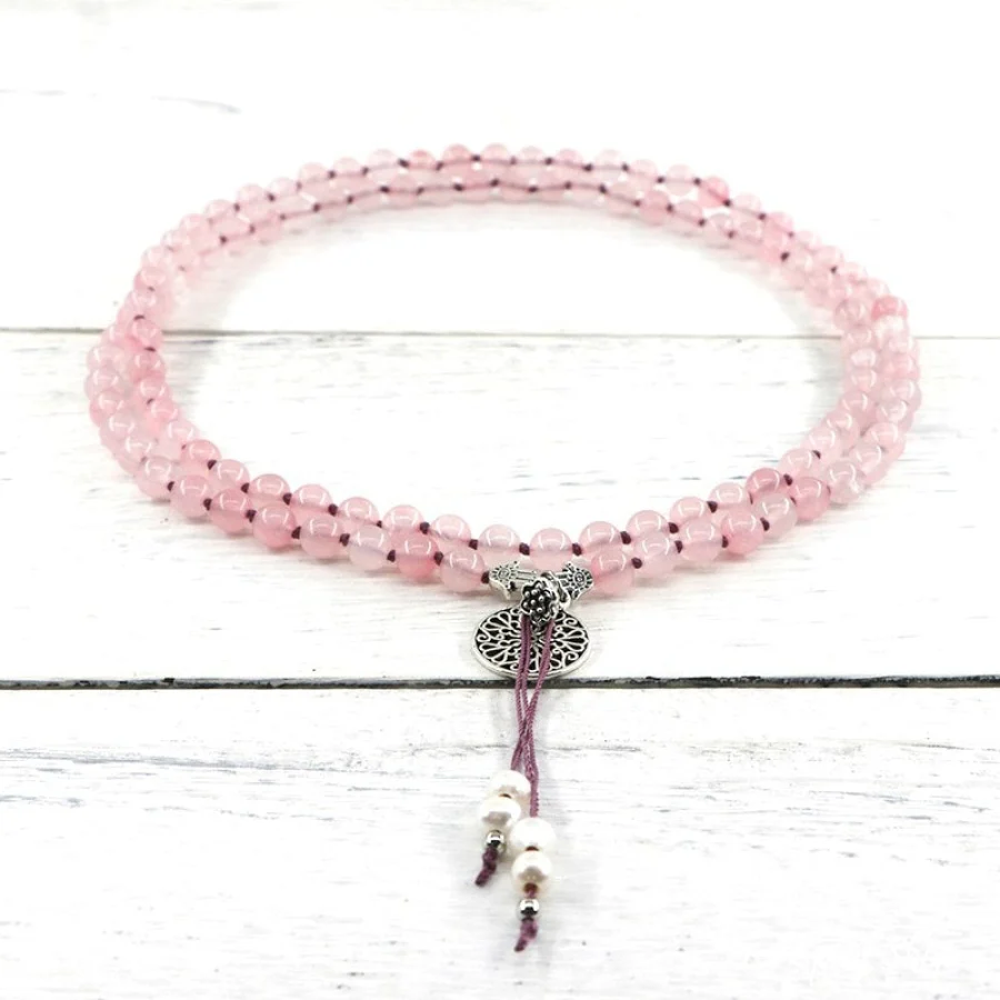 Natural Rose Quartz & Mandala Flower Mala Bead Necklace - Image 4