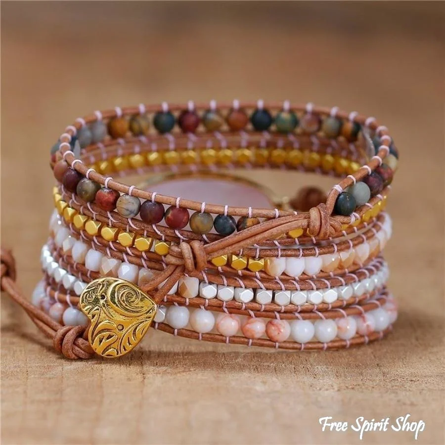 Natural Rose Quartz & Red Jasper Bead Wrap Bracelet - Image 2