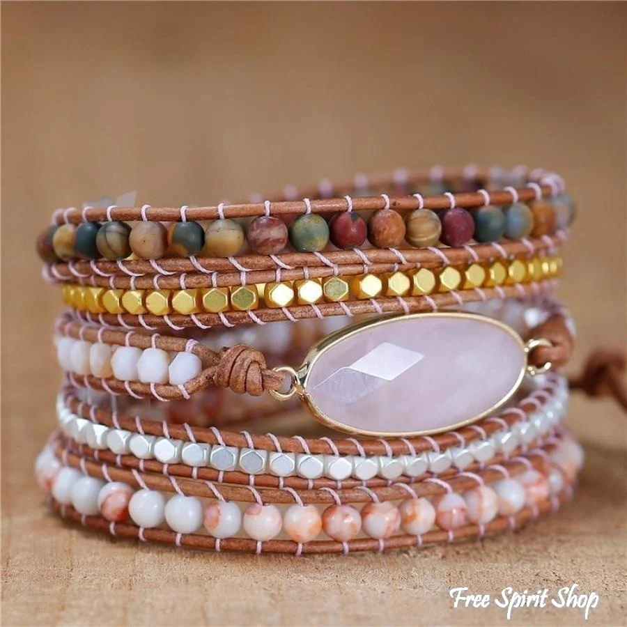 Natural Rose Quartz & Red Jasper Bead Wrap Bracelet - Image 3