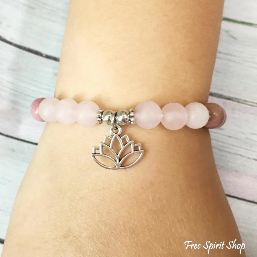 Natural Rose Quartz & Rhodonite Lotus Bead Bracelet - Image 3