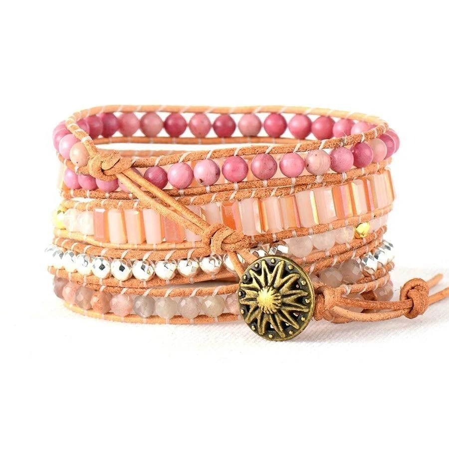 Natural Rose Quartz Rhodonite & Sunstone Wrap Bracelet - Image 3