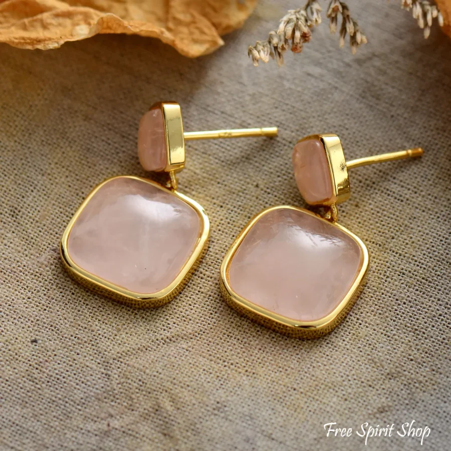 Natural Rose Quartz Square Dangle Earrings - Image 3