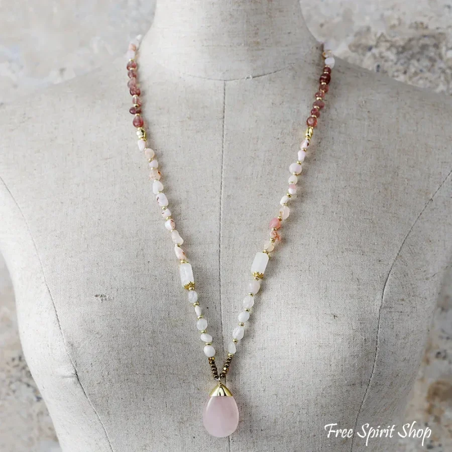 Natural Rose Quartz, Strawberry Quartz & Jade Beaded Necklace - Image 3