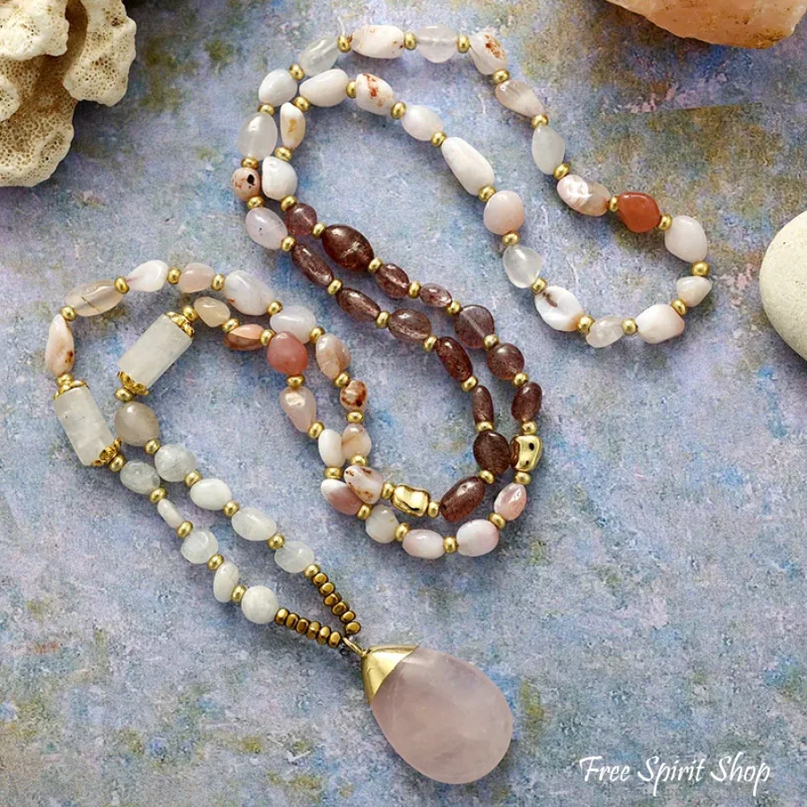 Natural Rose Quartz, Strawberry Quartz & Jade Beaded Necklace - Image 5