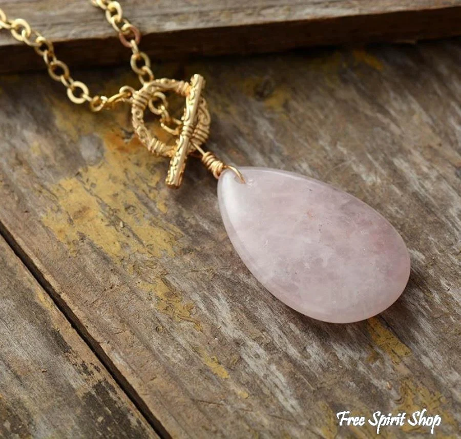 Natural Rose Quartz Teardrop Pendant Gold Necklace - Image 3