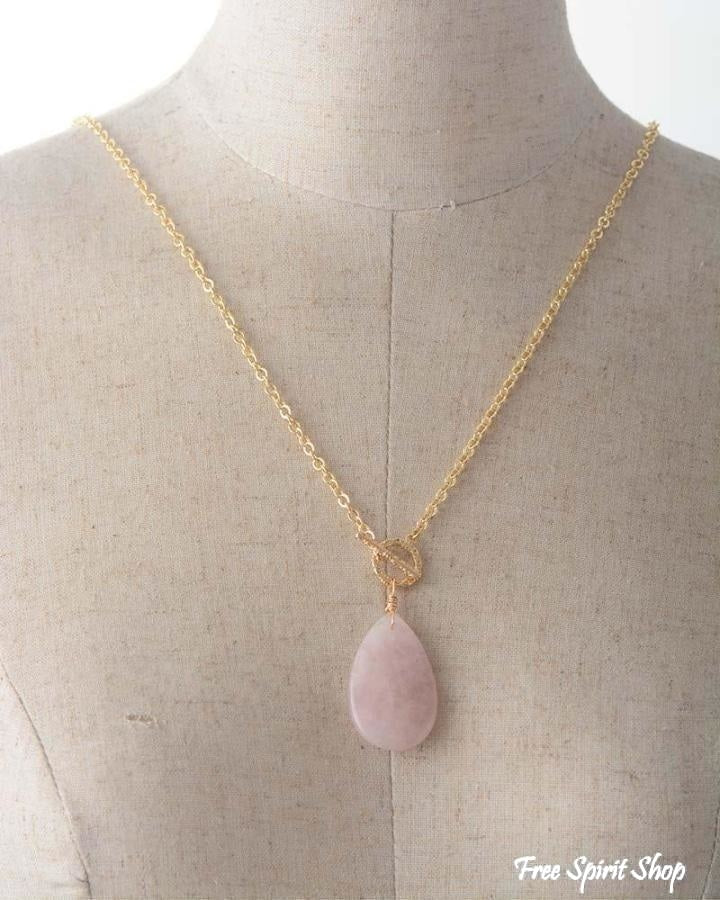 Natural Rose Quartz Teardrop Pendant Gold Necklace - Image 4