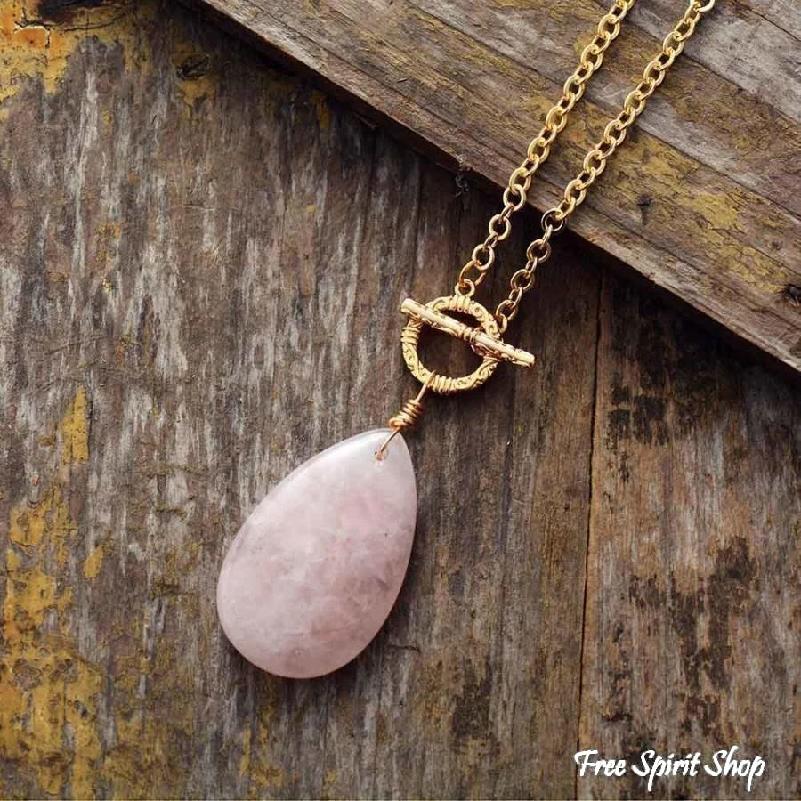Natural Rose Quartz Teardrop Pendant Gold Necklace - Image 5