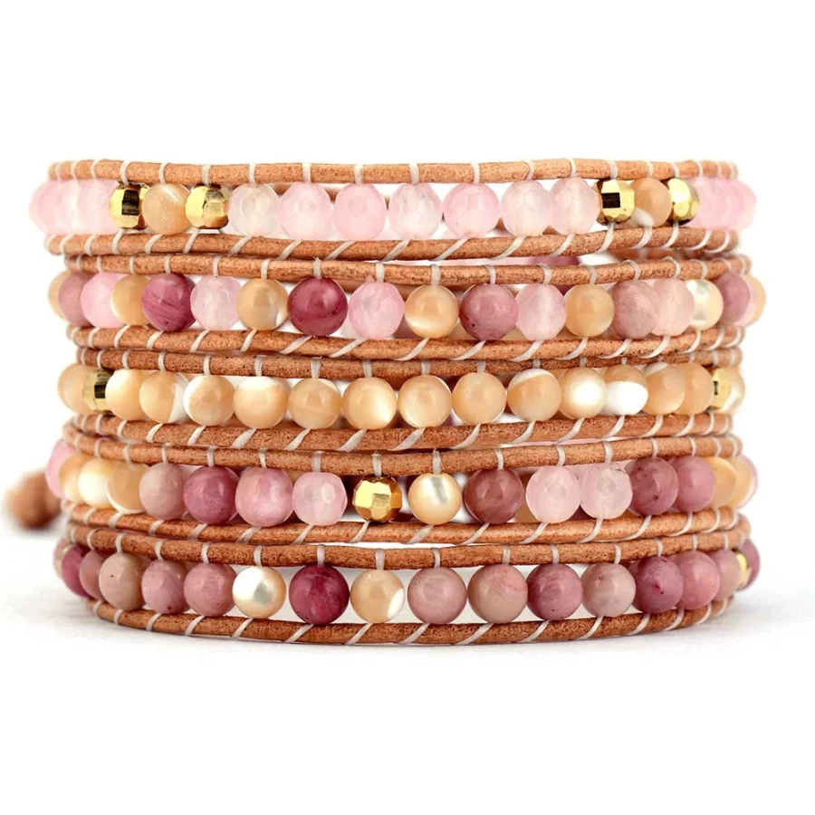 Natural Rose Quartz Yellow Onyx & Rhodonite Leather Wrap Bracelet - Image 3