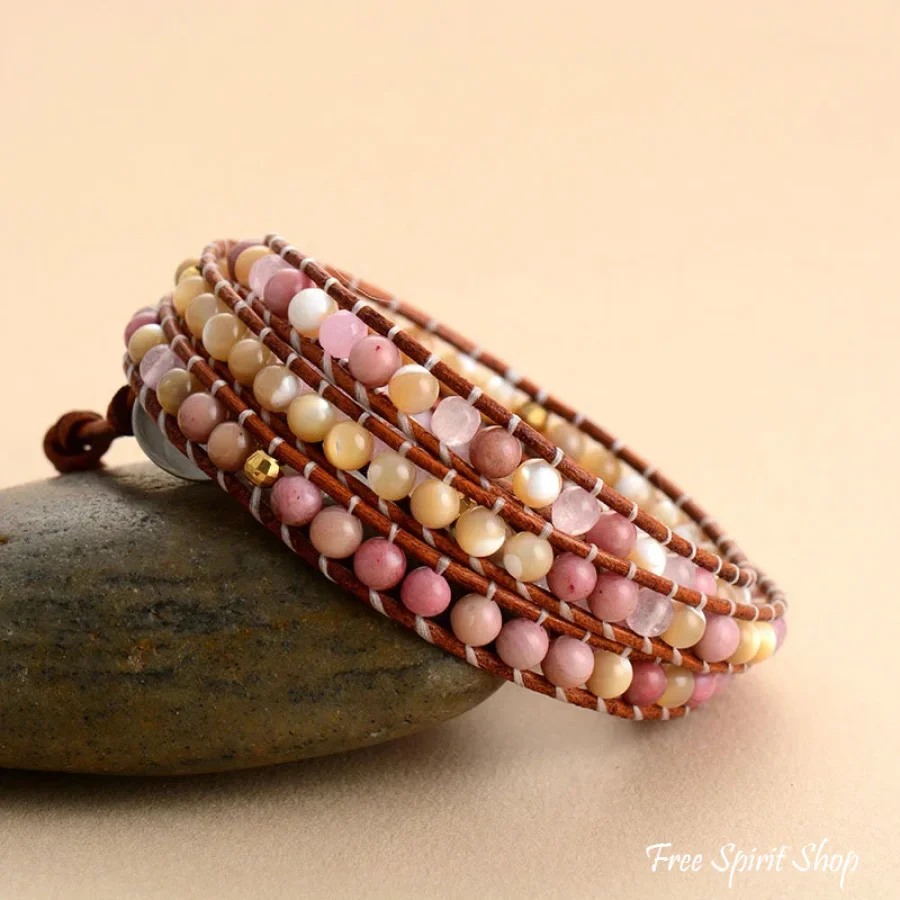 Natural Rose Quartz Yellow Onyx & Rhodonite Leather Wrap Bracelet - Image 4