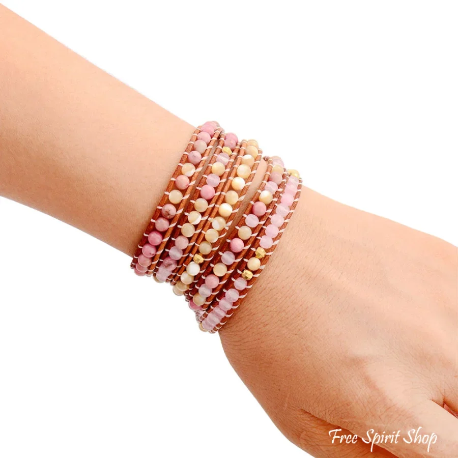 Natural Rose Quartz Yellow Onyx & Rhodonite Leather Wrap Bracelet - Image 5