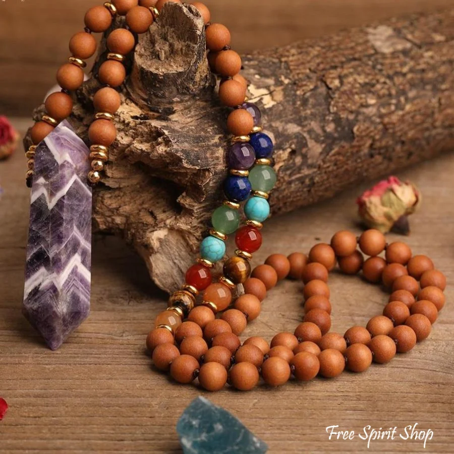 Natural Sandalwood Bead & 7 Chakra Crystal Mala Necklace - Image 2