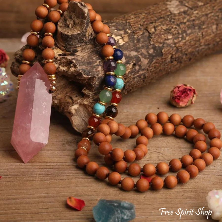 Natural Sandalwood Bead & 7 Chakra Crystal Mala Necklace - Image 3