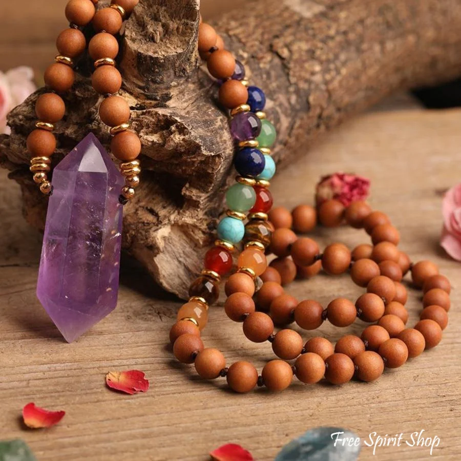 Natural Sandalwood Bead & 7 Chakra Crystal Mala Necklace - Image 4