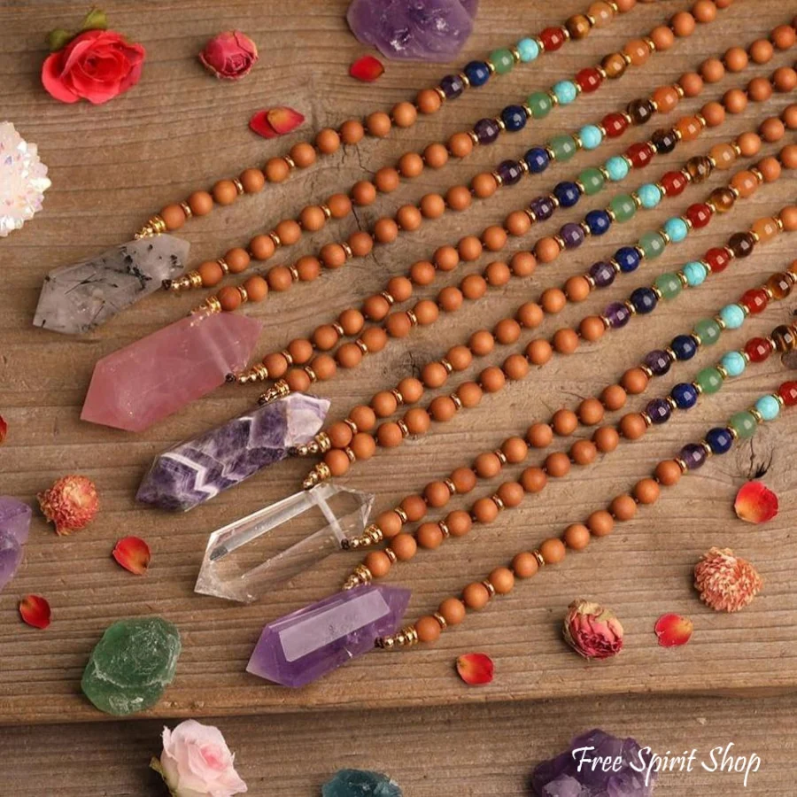 Natural Sandalwood Bead & 7 Chakra Crystal Mala Necklace - Image 5