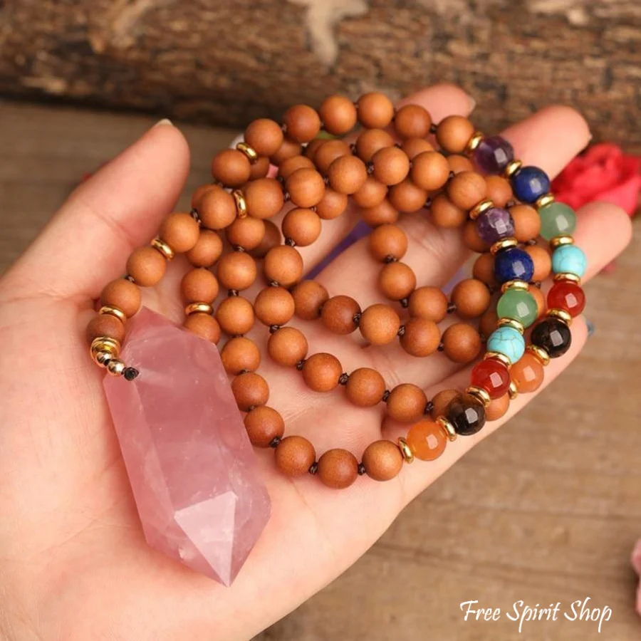 Natural Sandalwood Bead & 7 Chakra Crystal Mala Necklace - Image 6