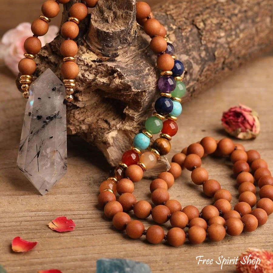 Natural Sandalwood Bead & 7 Chakra Crystal Mala Necklace - Image 7