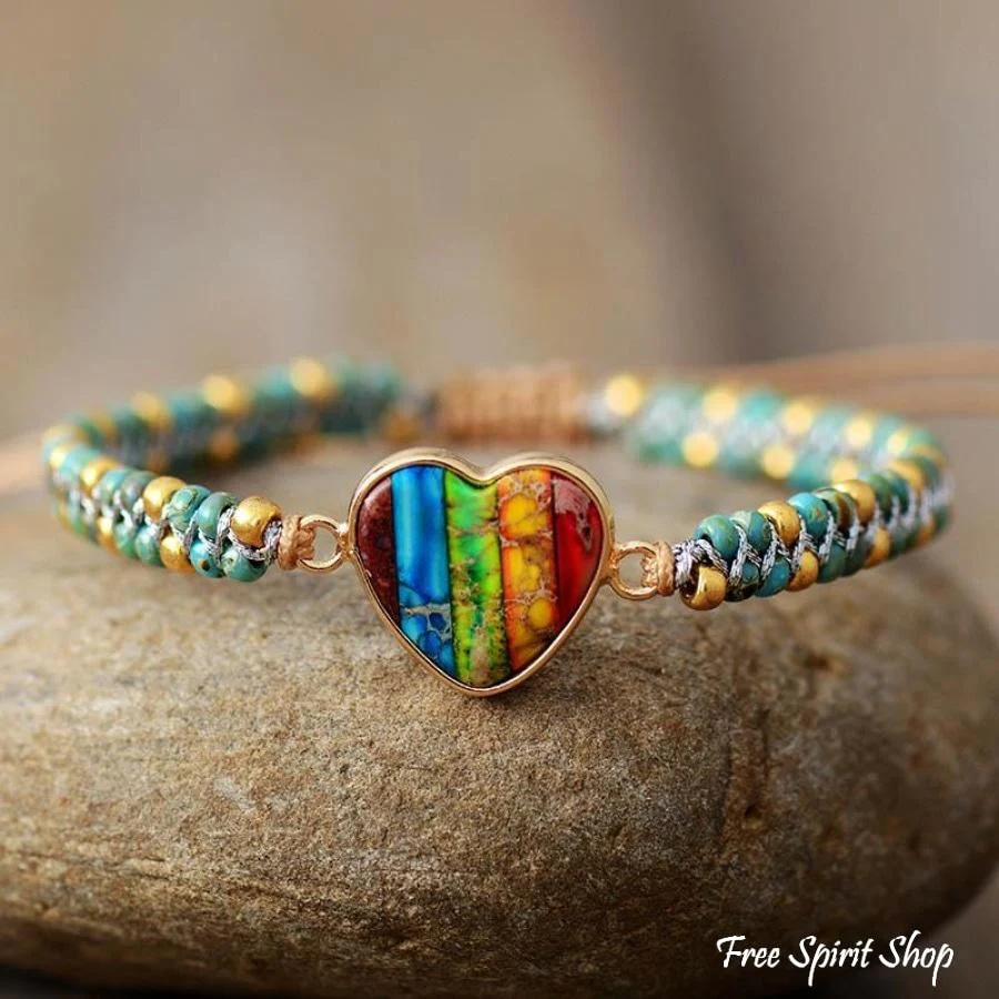 Natural Seed Bead Rainbow Heart Bracelet - Image 2