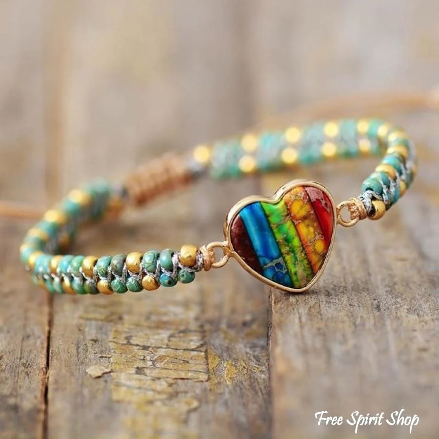 Natural Seed Bead Rainbow Heart Bracelet - Image 3
