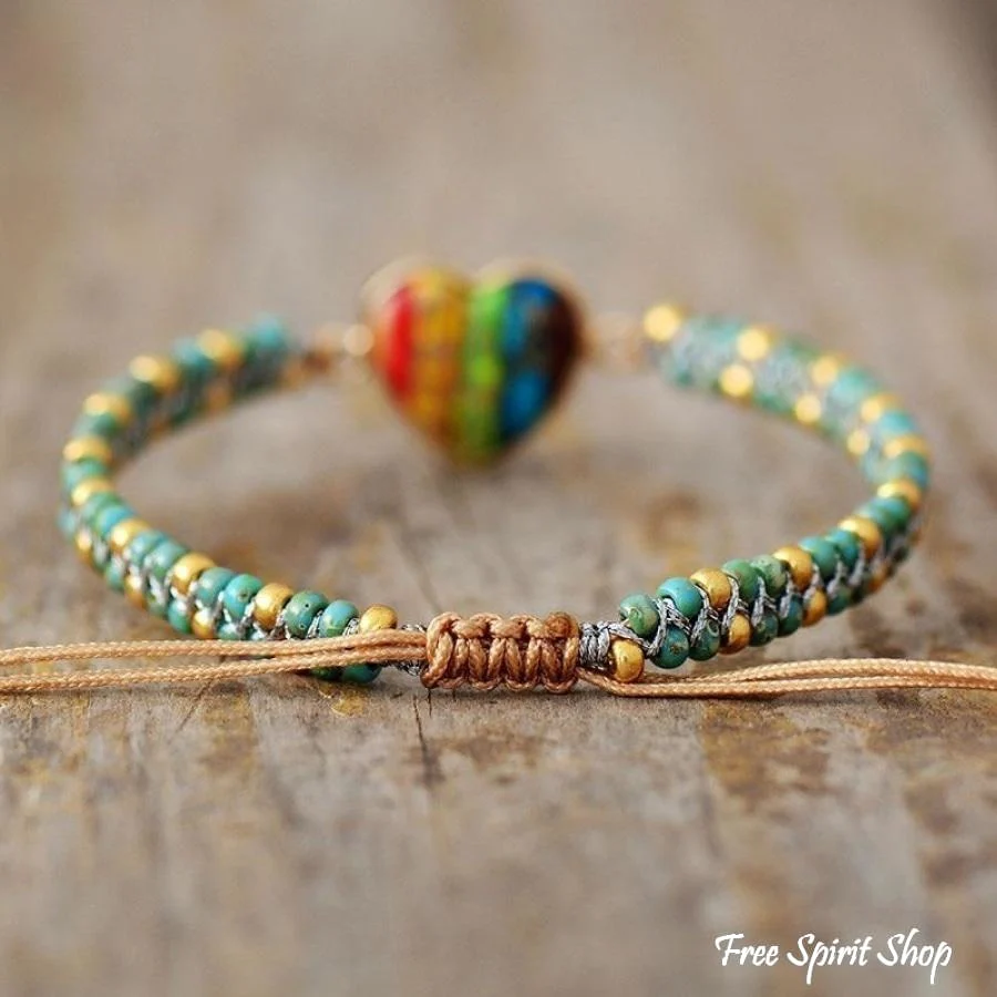 Natural Seed Bead Rainbow Heart Bracelet - Image 4