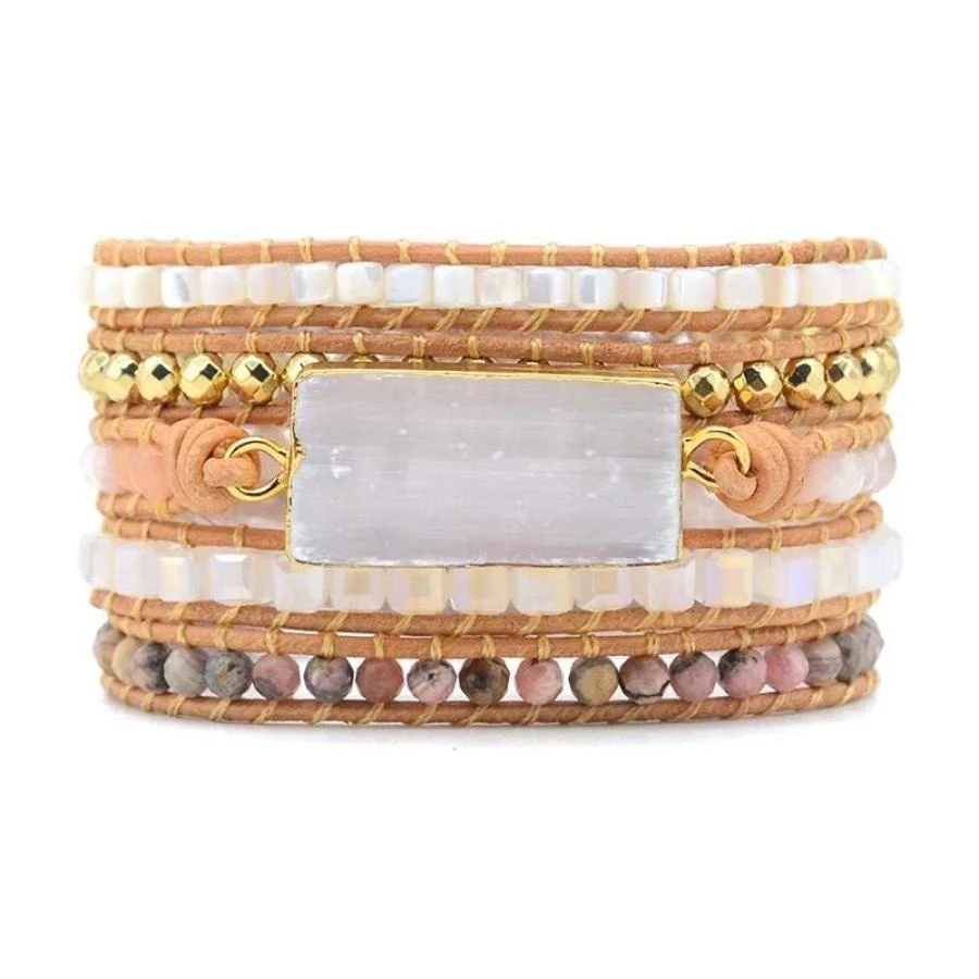 Natural White Selenite & Rhodochrosite Beaded Wrap Bracelet