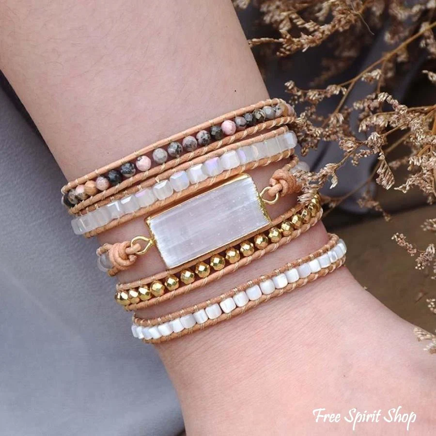 Natural White Selenite & Rhodochrosite Beaded Wrap Bracelet - Image 2