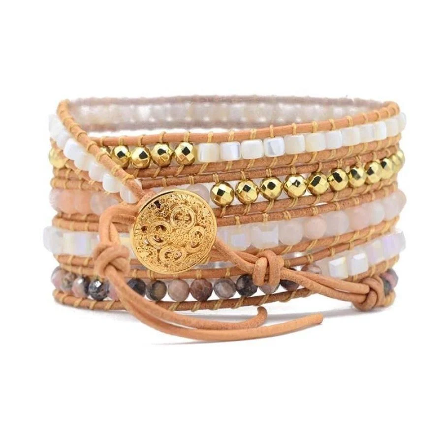 Natural White Selenite & Rhodochrosite Beaded Wrap Bracelet - Image 3