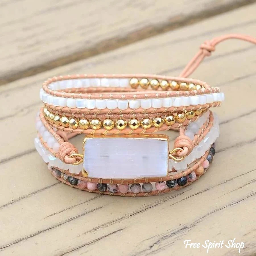Natural White Selenite & Rhodochrosite Beaded Wrap Bracelet - Image 4