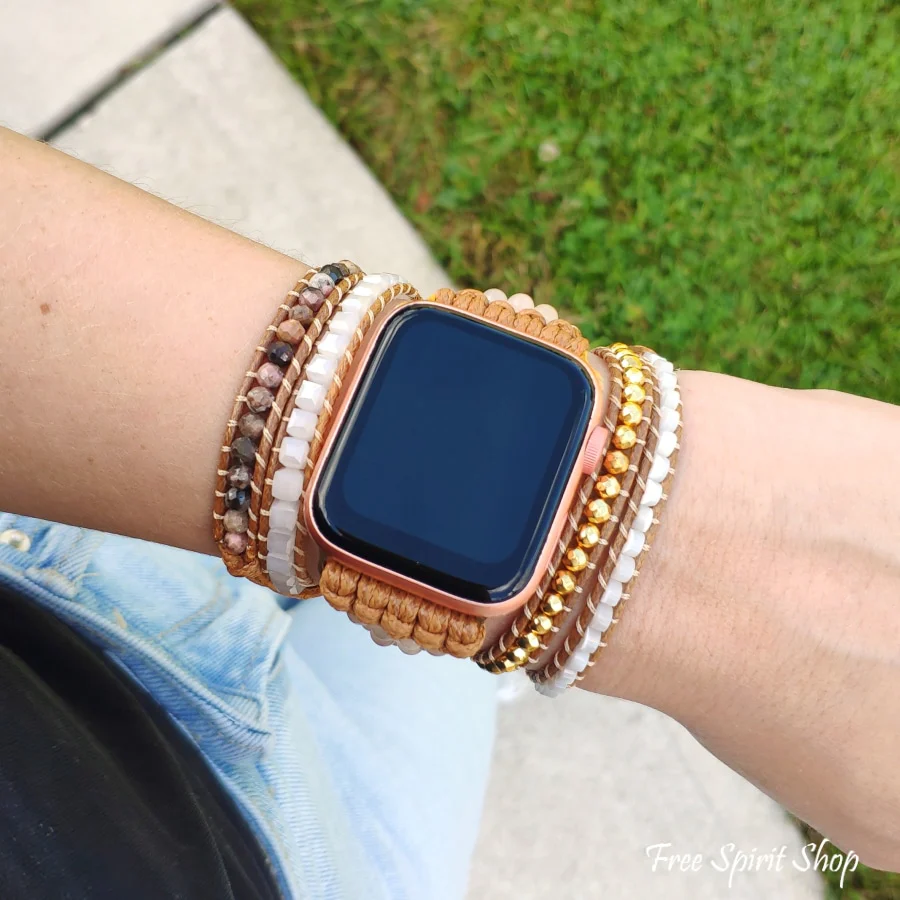 Natural Selenite & Sunstone Beaded Apple Watch Band - Image 2