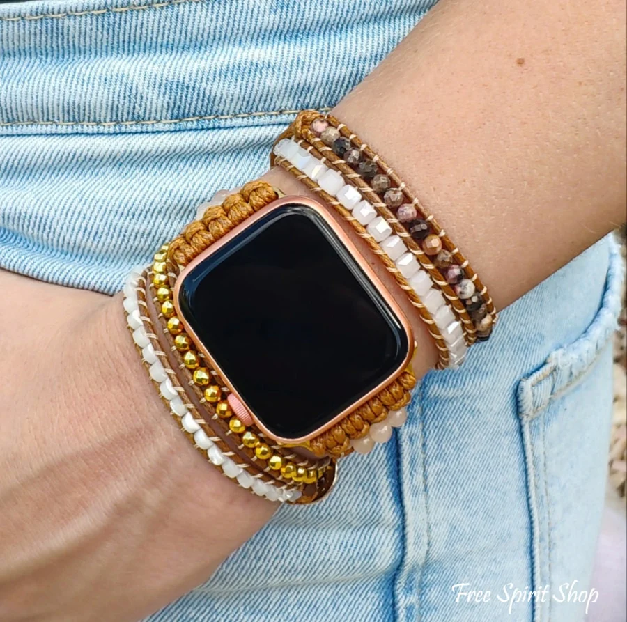 Natural Selenite & Sunstone Beaded Apple Watch Band - Image 4