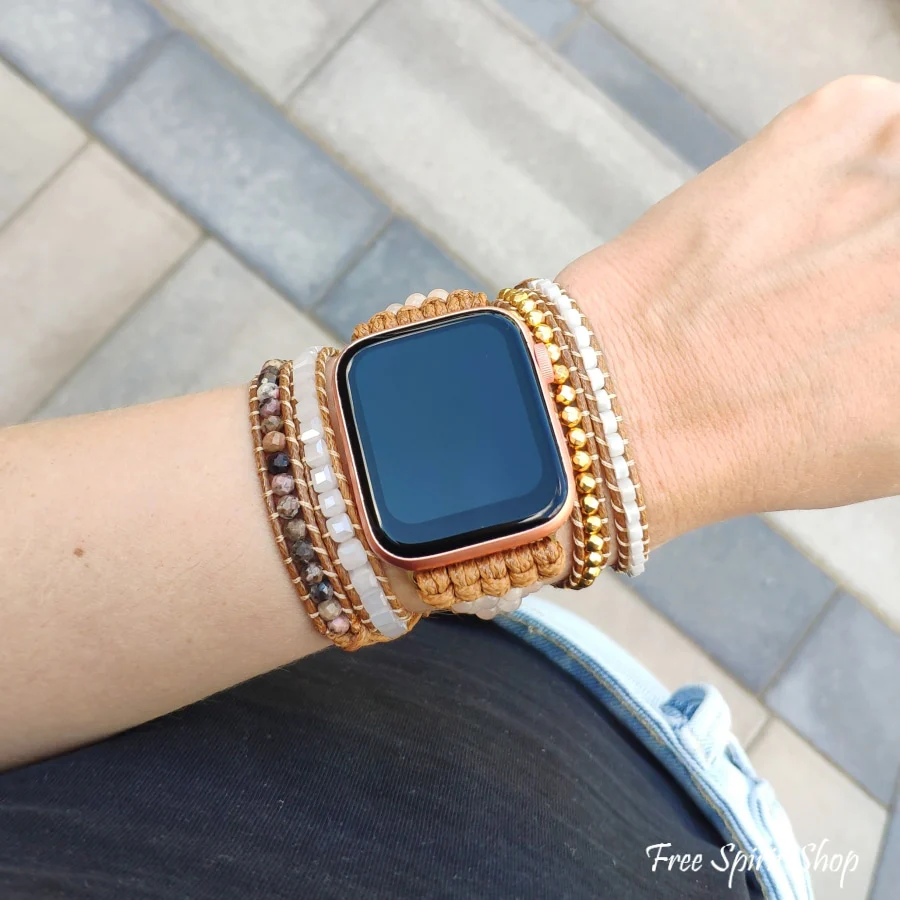 Natural Selenite & Sunstone Beaded Apple Watch Band - Image 5
