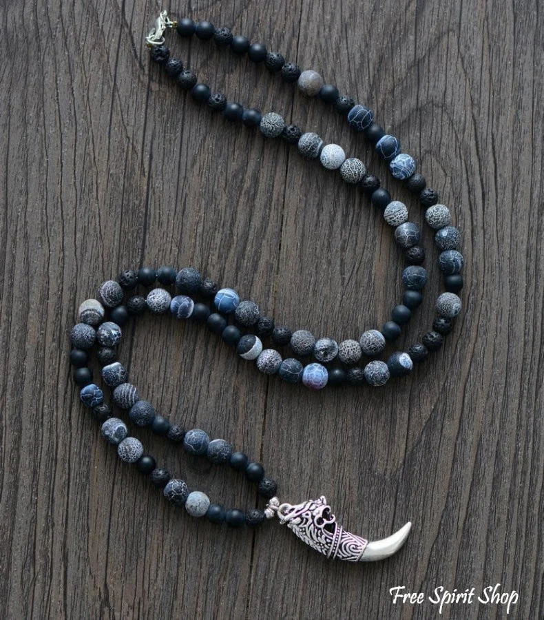 Natural Agate & Onyx Bead Necklace With Dragon Tusk Pendant - Image 3