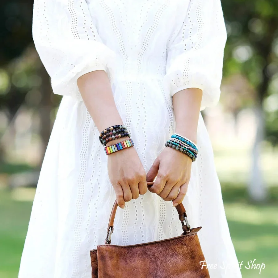 Natural Semi-Precious Gemstones "LOVE" Leather Wrap Bracelet - Image 3