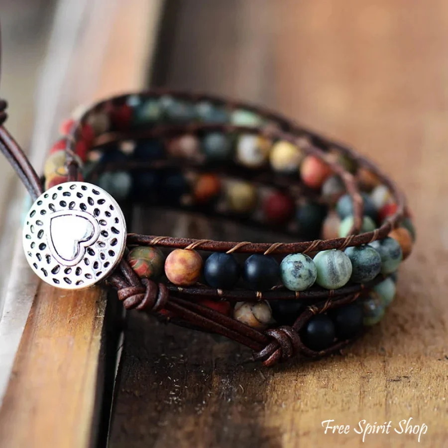 Natural Semi-Precious Gemstones "LOVE" Leather Wrap Bracelet - Image 4