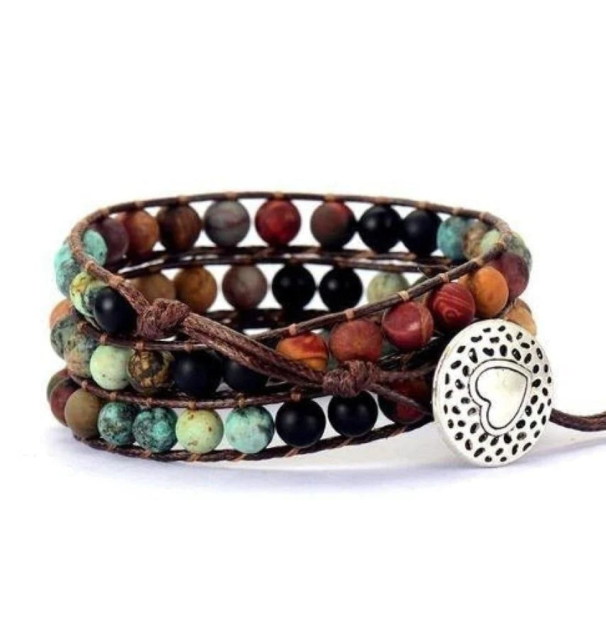Natural Semi-Precious Gemstones "LOVE" Leather Wrap Bracelet - Image 5
