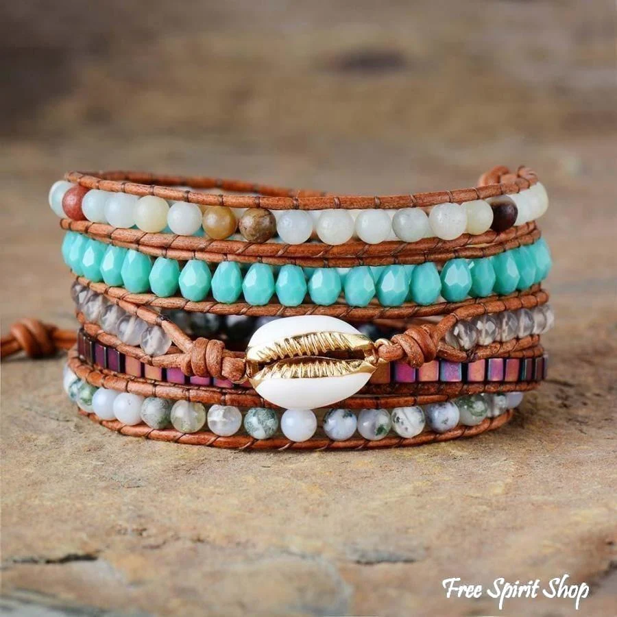 Natural Shell Wrap Bracelet With Amazonite & Moss Agate Beads