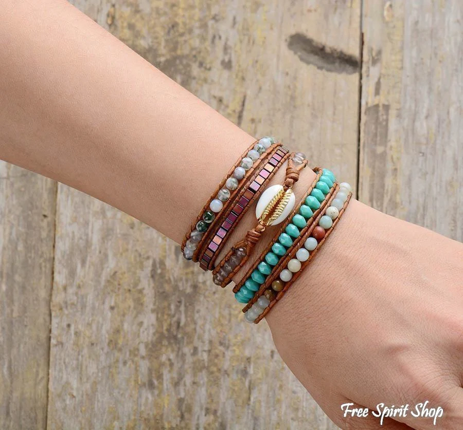 Natural Shell Wrap Bracelet With Amazonite & Moss Agate Beads - Image 2