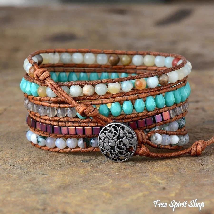 Natural Shell Wrap Bracelet With Amazonite & Moss Agate Beads - Image 3