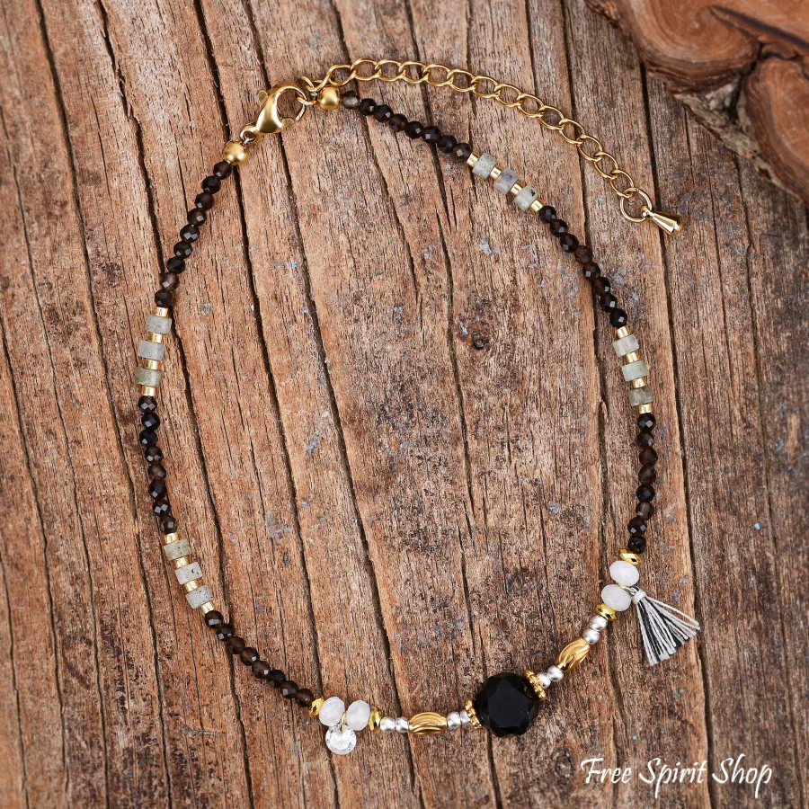 Natural Smoky Quartz & Black Onyx Beaded Anklet