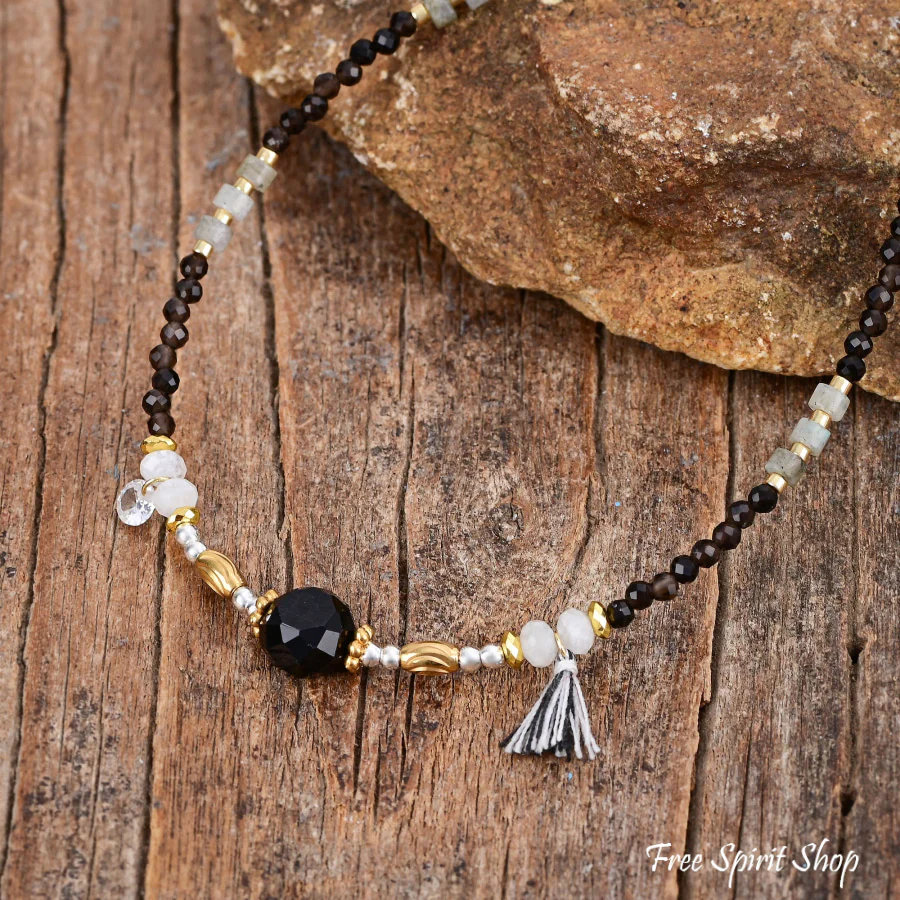 Natural Smoky Quartz & Black Onyx Beaded Anklet - Image 2