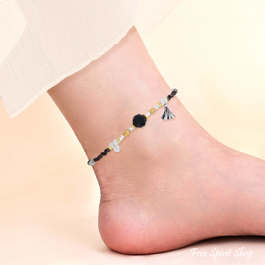 Natural Smoky Quartz & Black Onyx Beaded Anklet - Image 3