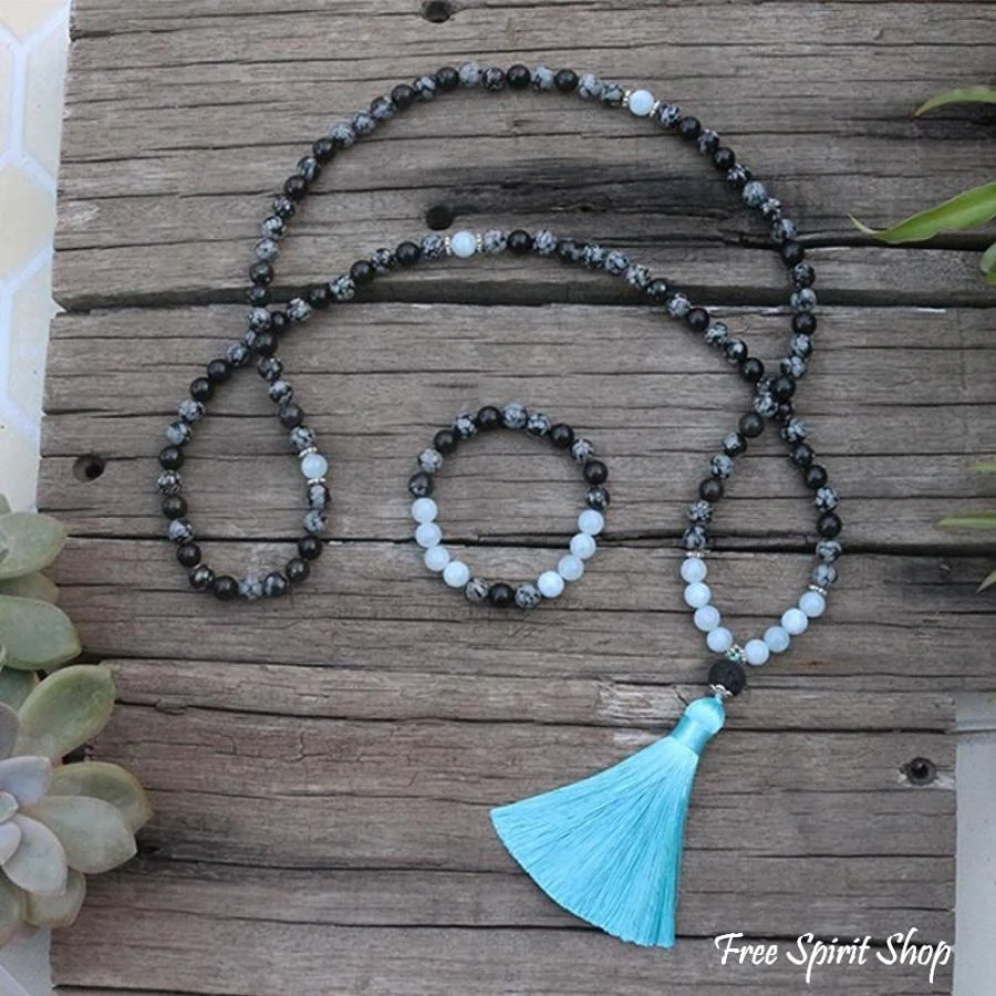 Natural Snowflake Obsidian & Aquamarine Bead Bracelet / Necklace - Image 3