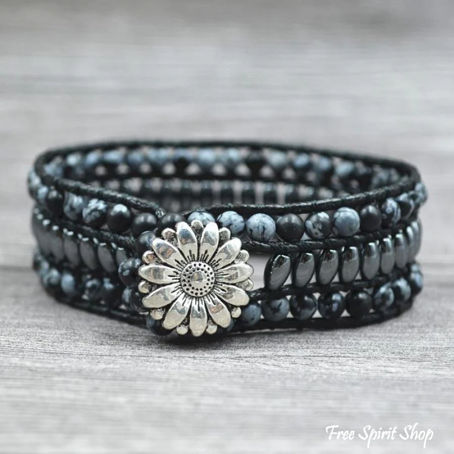 Natural Snowflake Obsidian & Hematite Gemstone Wrap Bracelet