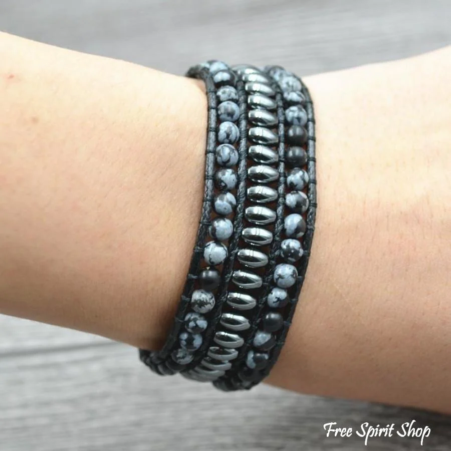 Natural Snowflake Obsidian & Hematite Gemstone Wrap Bracelet - Image 2
