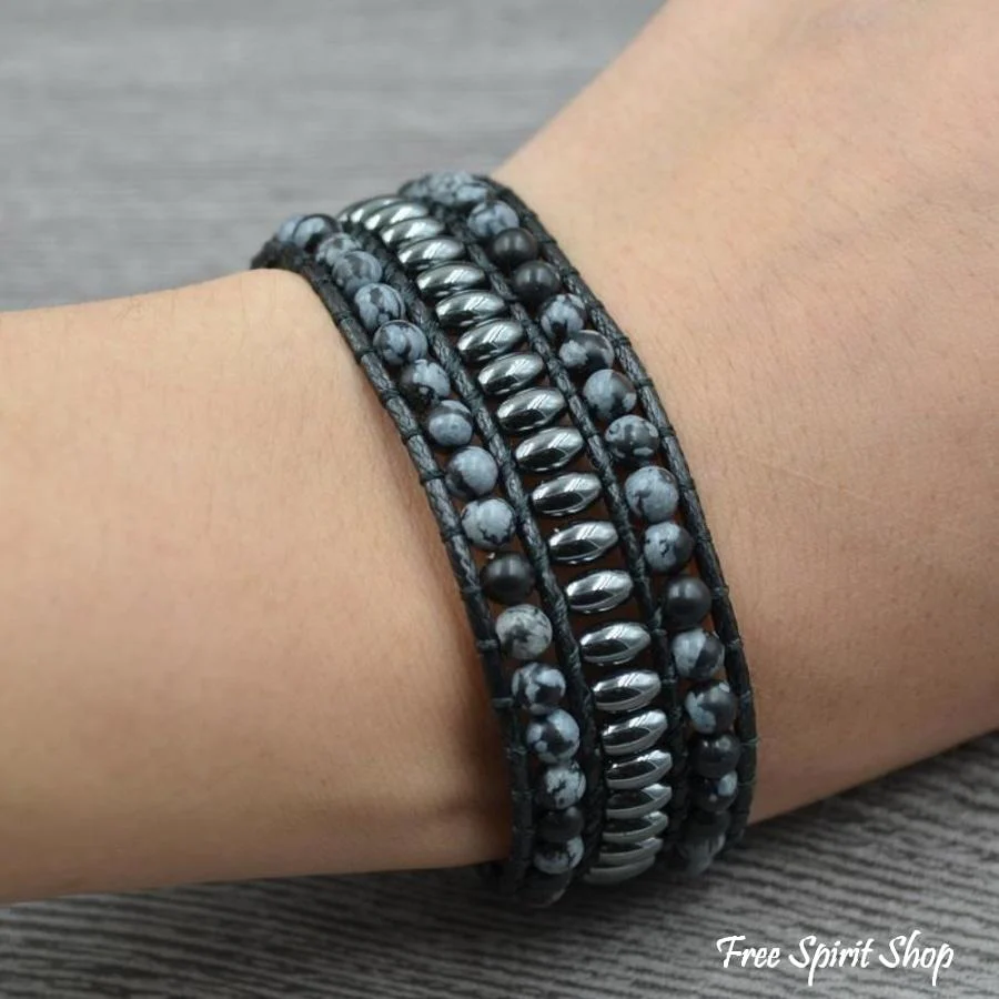 Natural Snowflake Obsidian & Hematite Gemstone Wrap Bracelet - Image 3