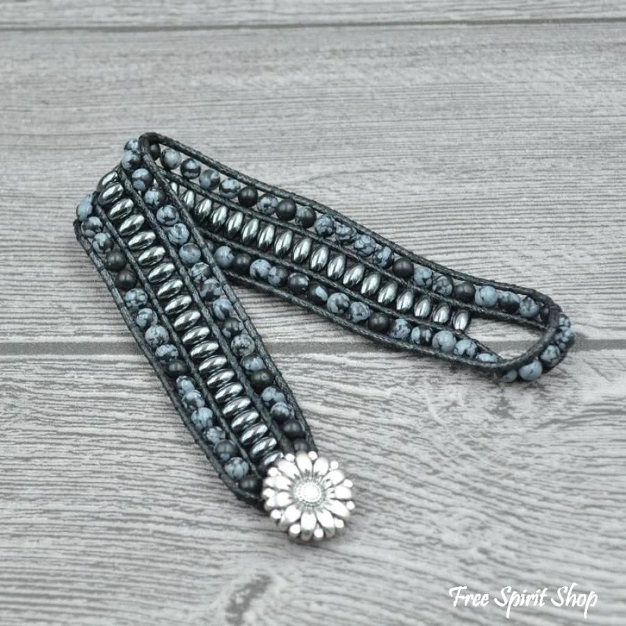 Natural Snowflake Obsidian & Hematite Gemstone Wrap Bracelet - Image 4