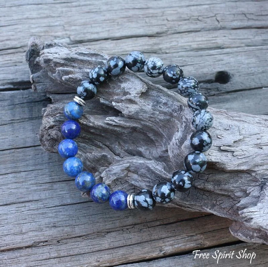 Natural Snowflake Obsidian & Lapis Lazuli Bead Bracelet - Image 2