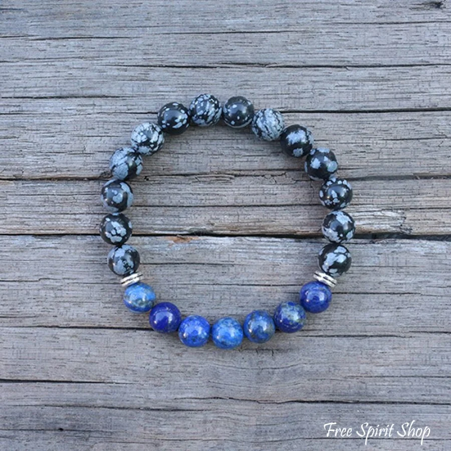 Natural Snowflake Obsidian & Lapis Lazuli Bead Bracelet - Image 3