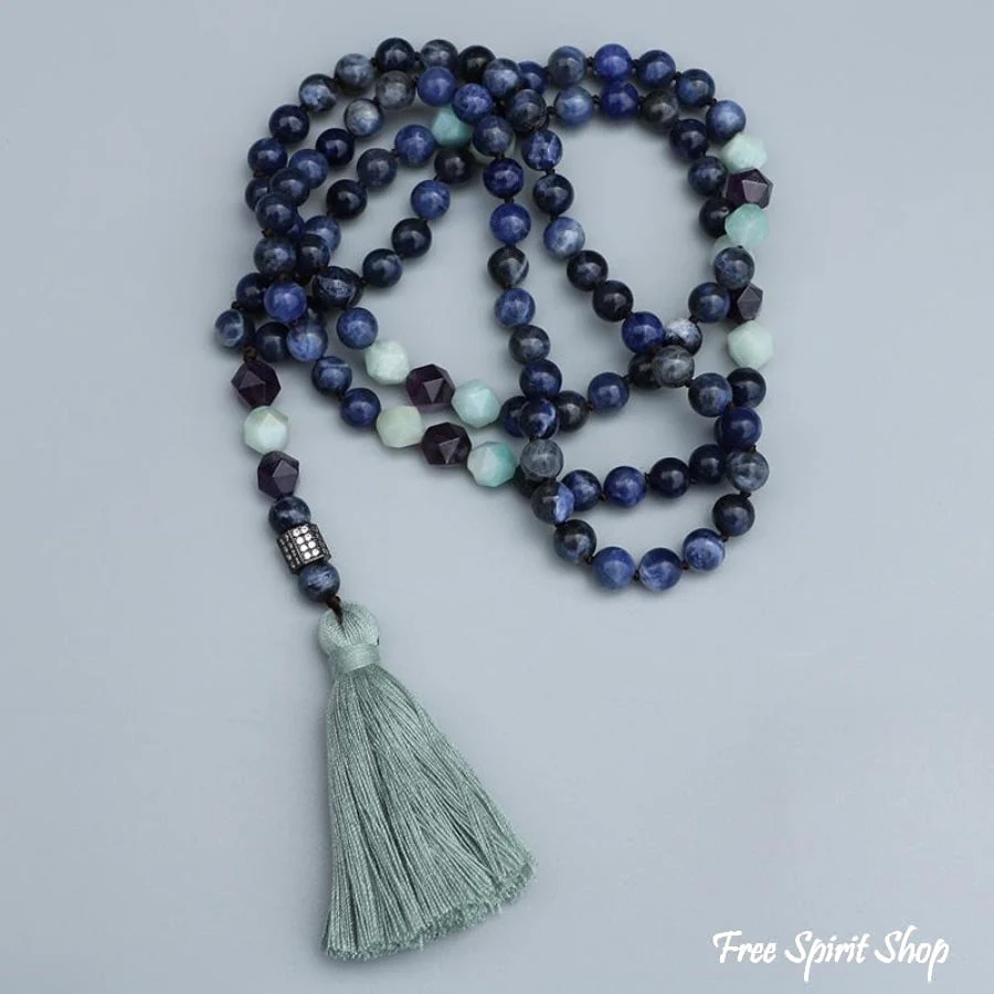 Natural Sodalite Amazonite & Amethyst Bead Mala Necklace - Image 2